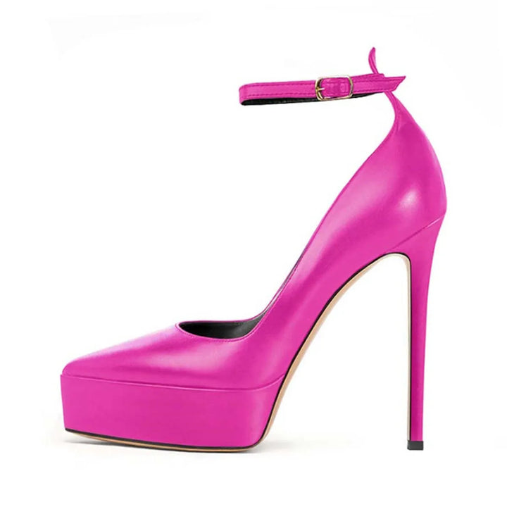 Hot pink high heel pump with ankle strap buckle, chunky platform front and stiletto heel
