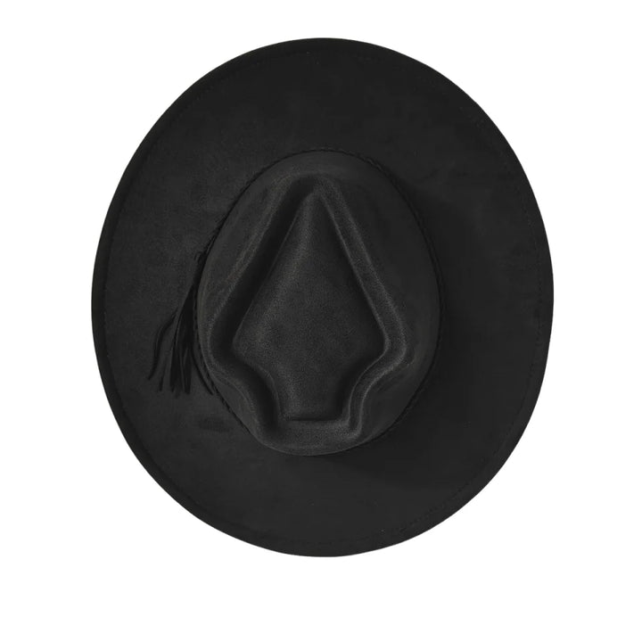 Women’s suede arrow top hat in black, wide brim with subtle side tassels.