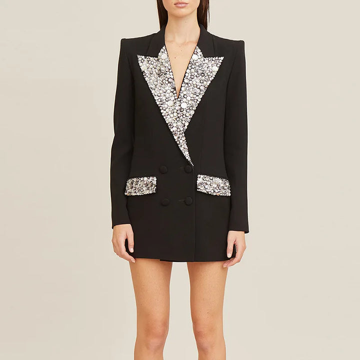 Notched Shiny Rhinestone Blazer