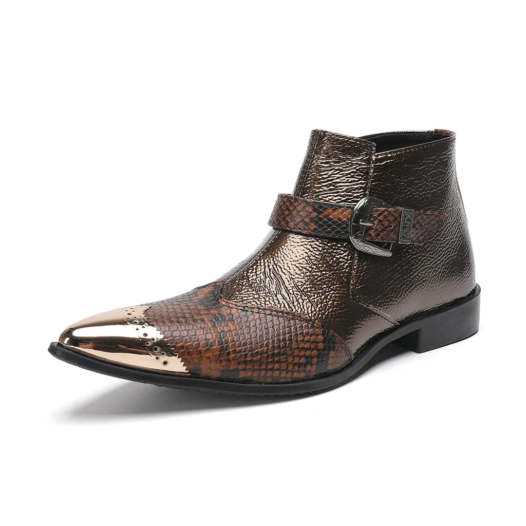 Men's dark metallic brown ankle boots with buckle strap and pointed toe, orange snake-print