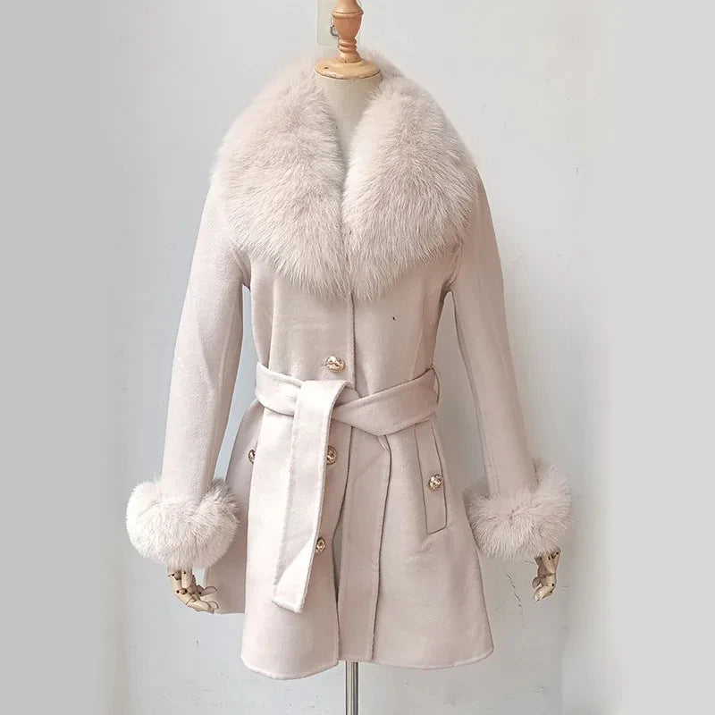 Elegant Fur Collar Slim Cashmere Coat