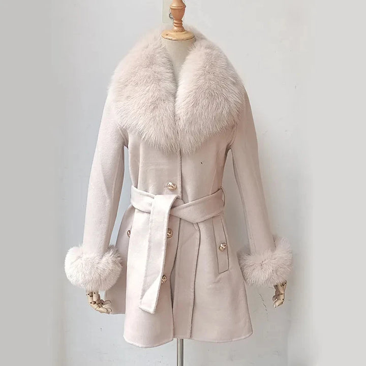 Elegant Fur Collar Slim Cashmere Coat