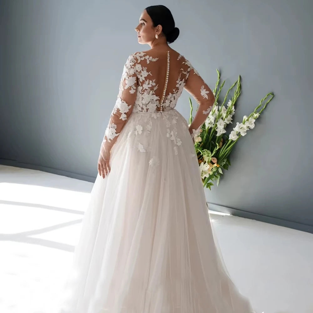 Luxury Sheer Round Neck Plus Size Bridal Dress