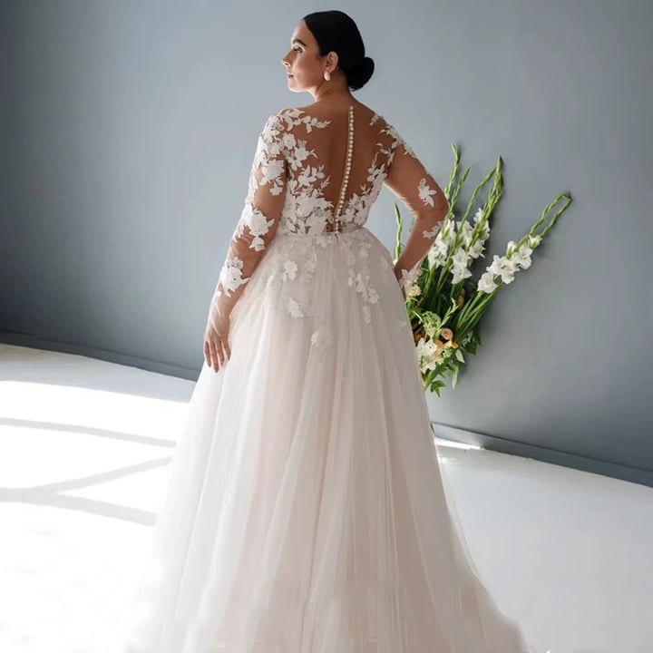 Luxury Sheer Round Neck Plus Size Bridal Dress