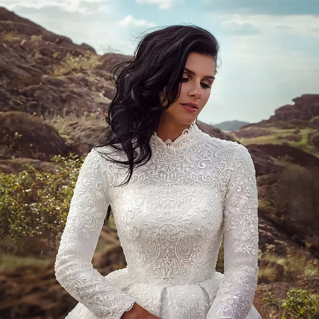 Regal High Neck Lace Detailing Bridal Dress