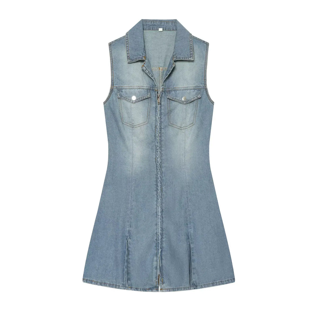 Light blue sleeveless denim mini dress with collar, zip placket, and two chest pockets