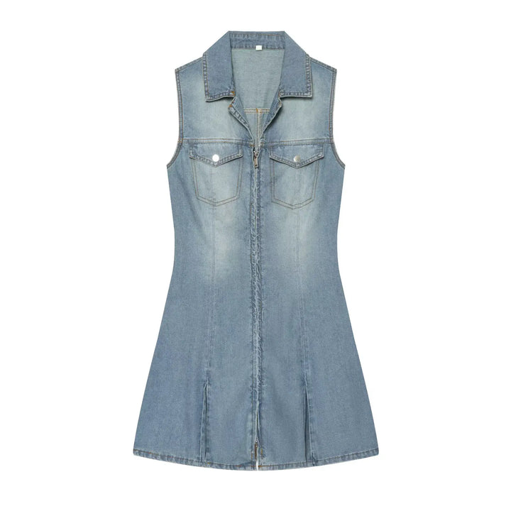 Light blue sleeveless denim mini dress with collar, zip placket, and two chest pockets