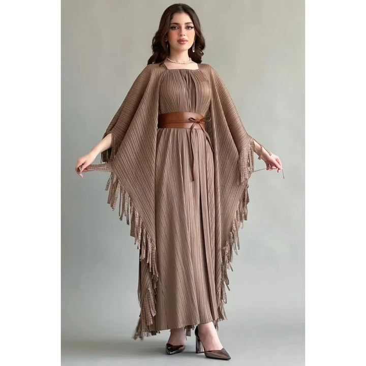 Pleated Shawl Tassel Dress