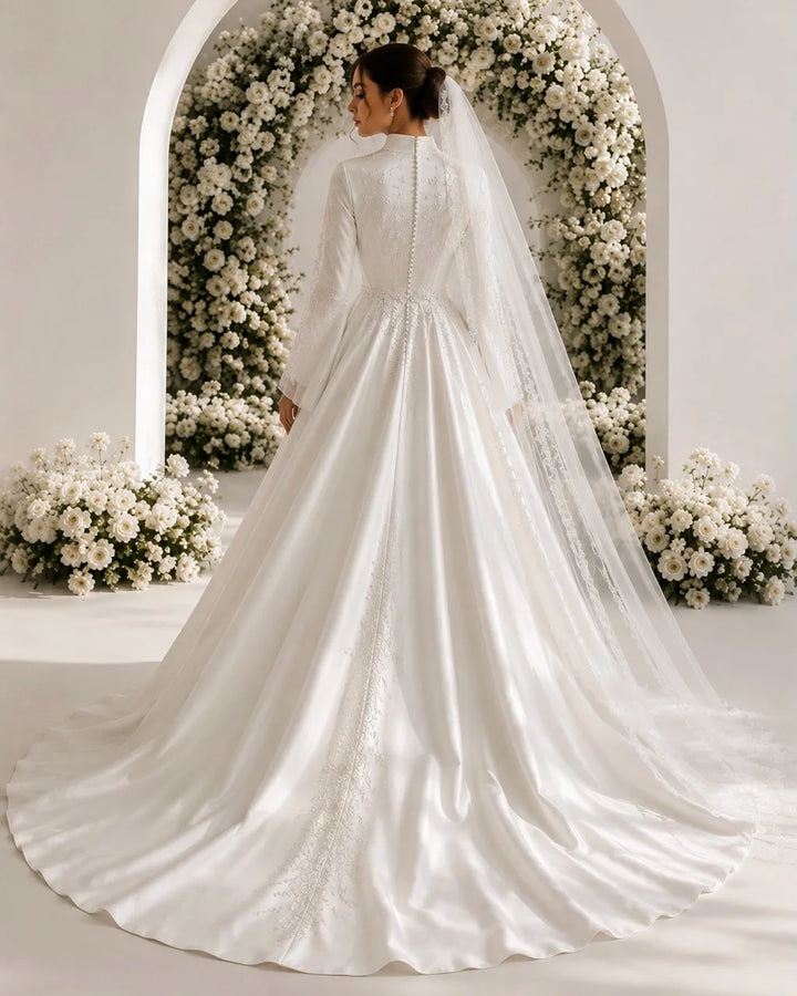 Alluring High Neck Appliqué Bridal Gown