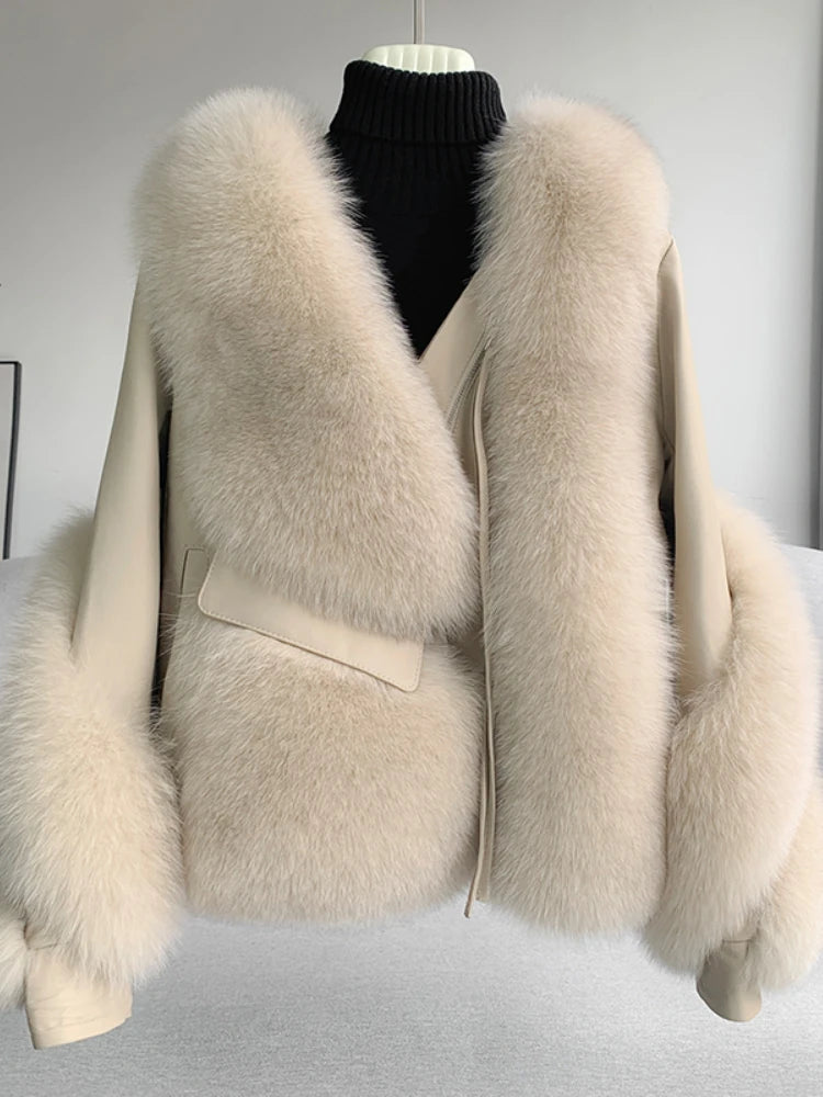 Women’s thick warm faux fur coat with front zipper, light cream color, long sleeves