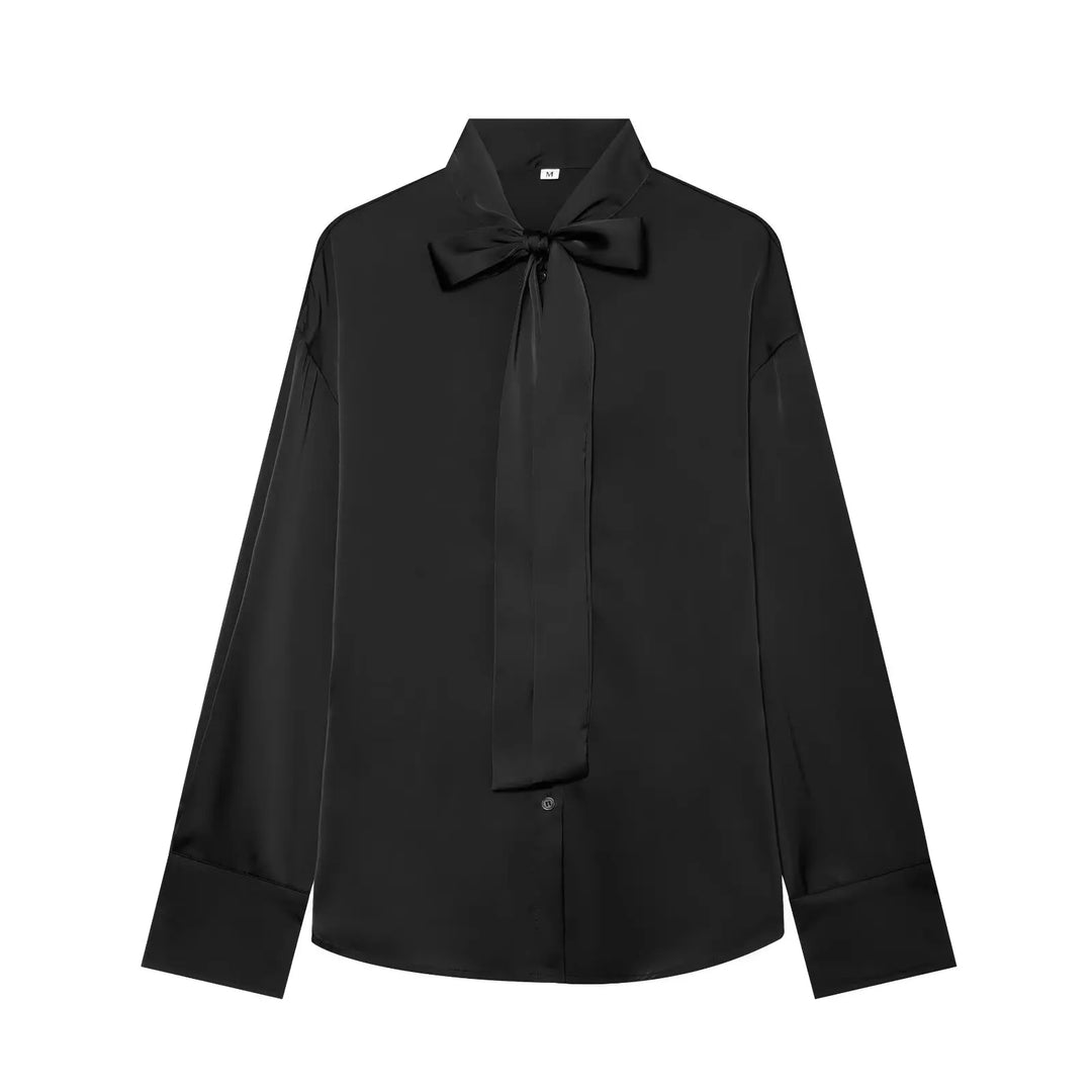Black satin blouse with bow tie neck and long sleeves