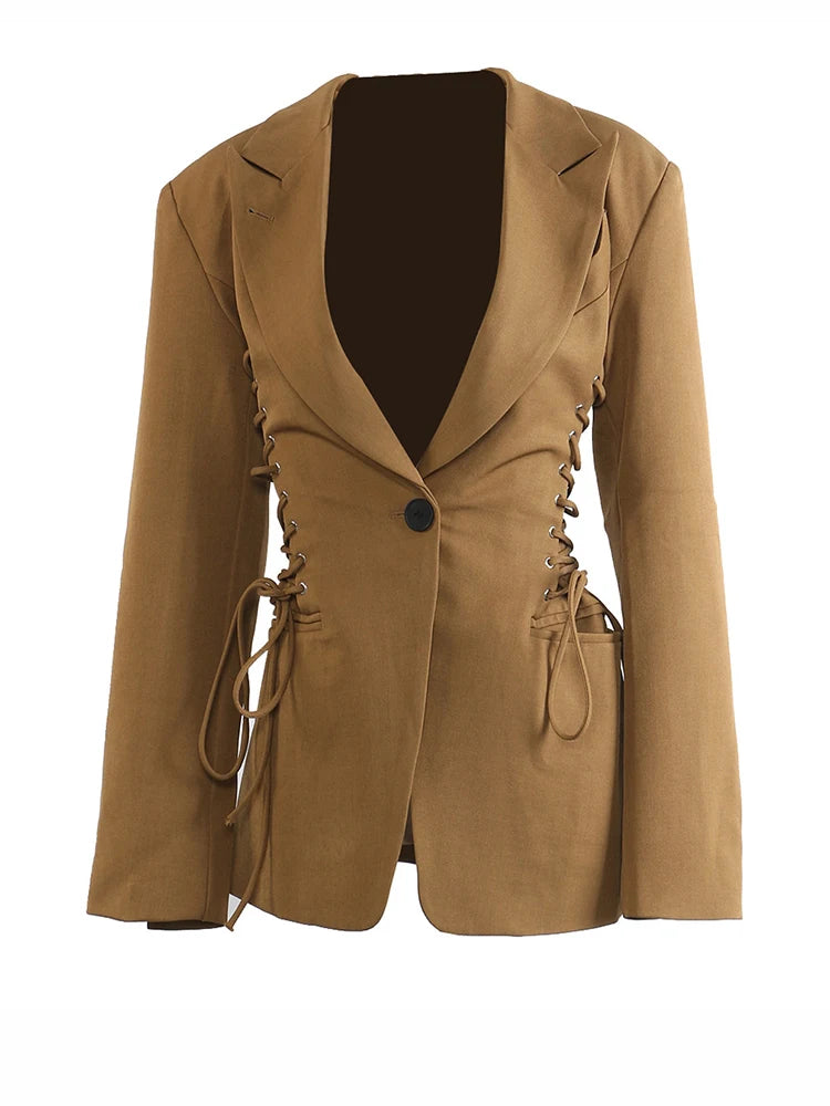 Women's slim-fit lapel blazer, brown, with side lace-up detail