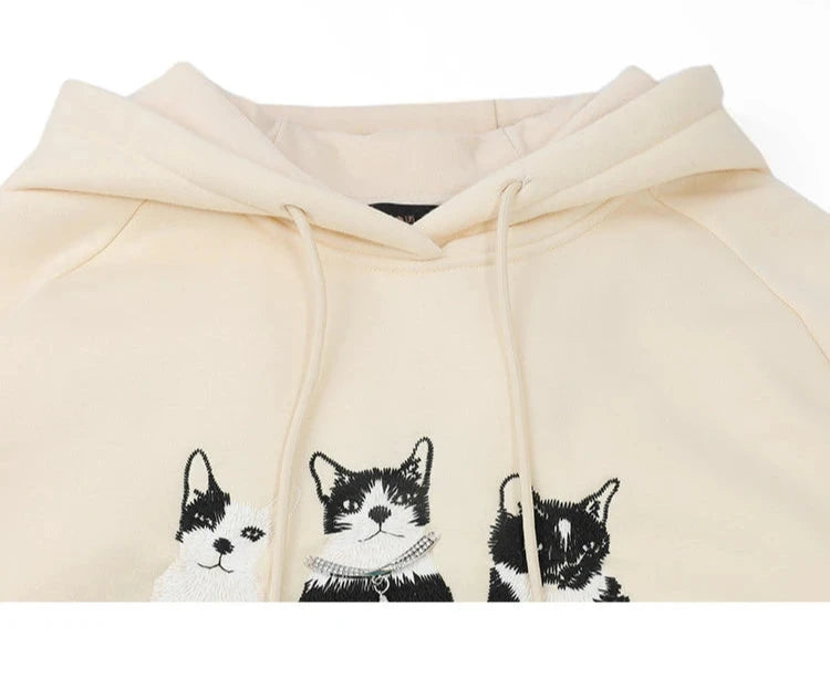 Plush Cat Embroidery Drawstring Hooded