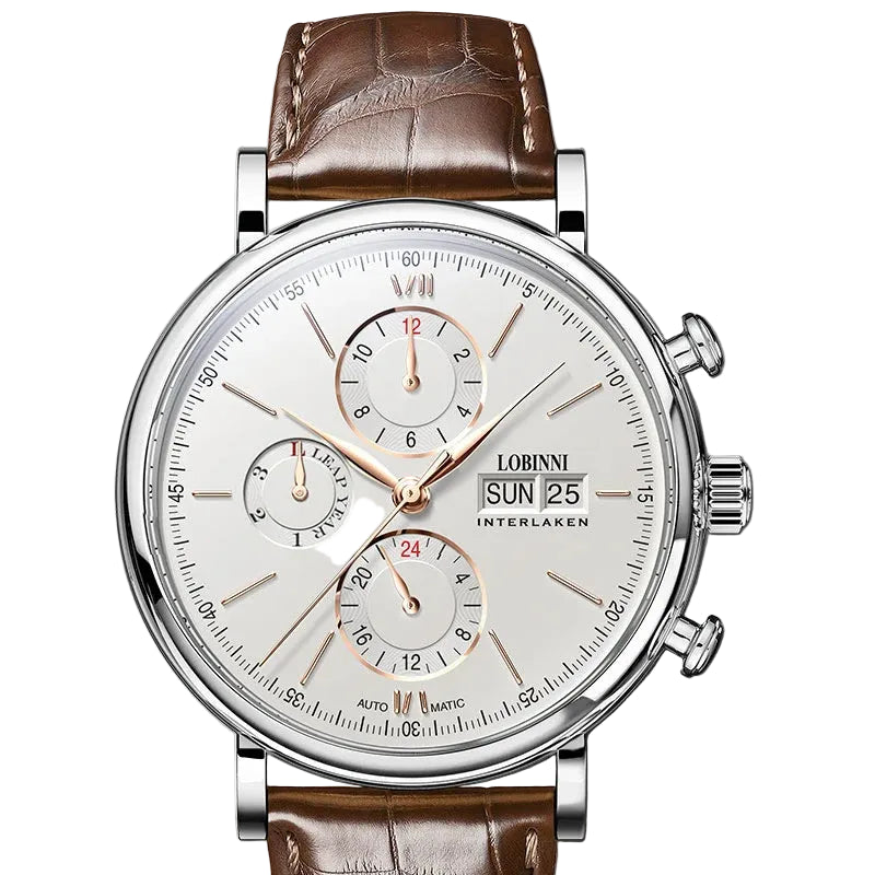 Luxury watch with brown leather strap and detailed face on a light gray background