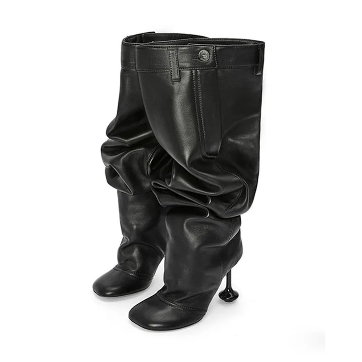 Black thigh-high boots with round toe, ruched shaft, and buckle strap