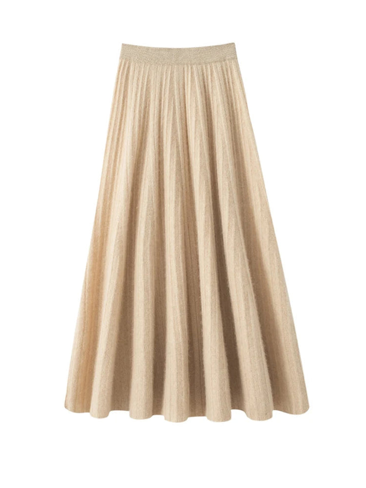 Beige cashmere skirt on a white background with 'PURE CASHMERE' text.