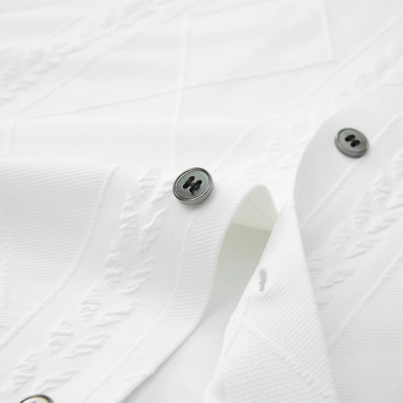 White knit shirt placket with metal-look buttons and textured front seam detail