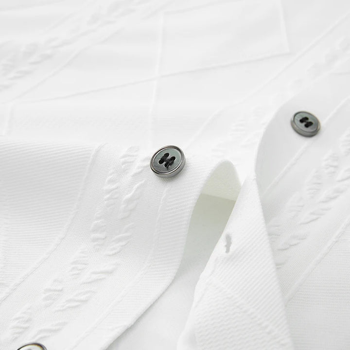 White knit shirt placket with metal-look buttons and textured front seam detail