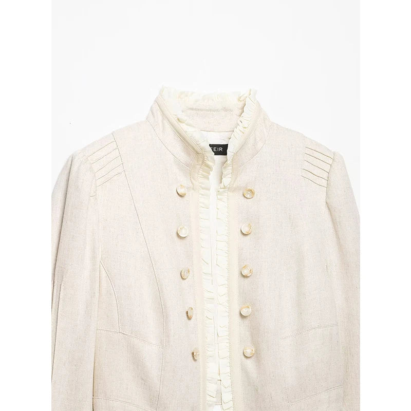 Beige cropped blazer front with gold buttons and ruffled bib collar