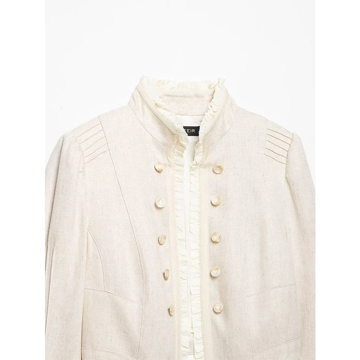 Beige cropped blazer front with gold buttons and ruffled bib collar