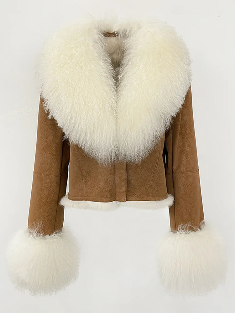 Tan suede wool coat with white fur collar and large white fur cuff pom sleeves