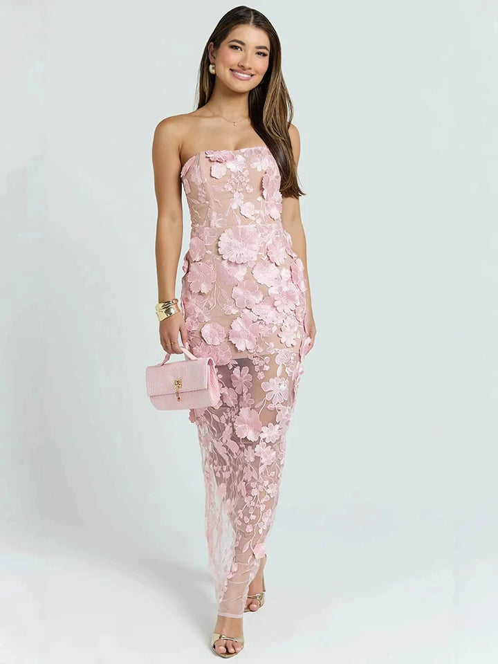 Blush pink floral lace bodycon gown with spaghetti straps and long sheer skirt