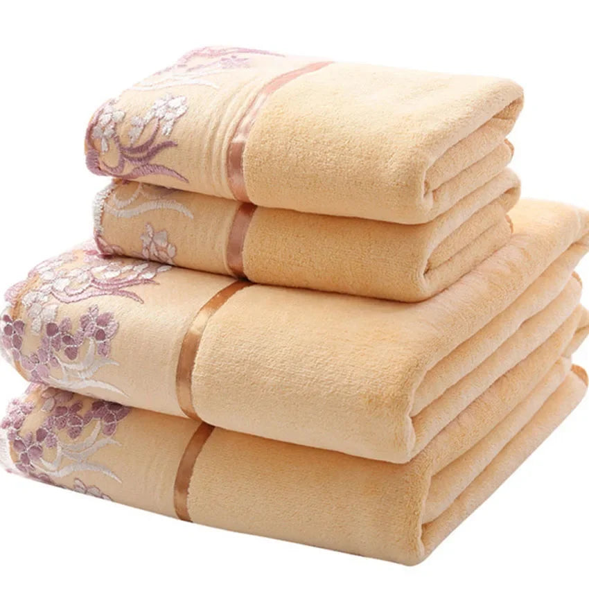 Beige lace-pattern microfiber towels, folded into a stacked set