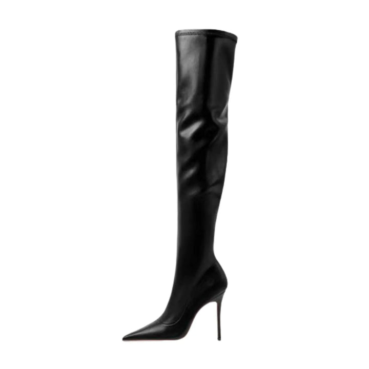 Black knee-high stiletto heel boots with pointed toe, sleek leather-look finish