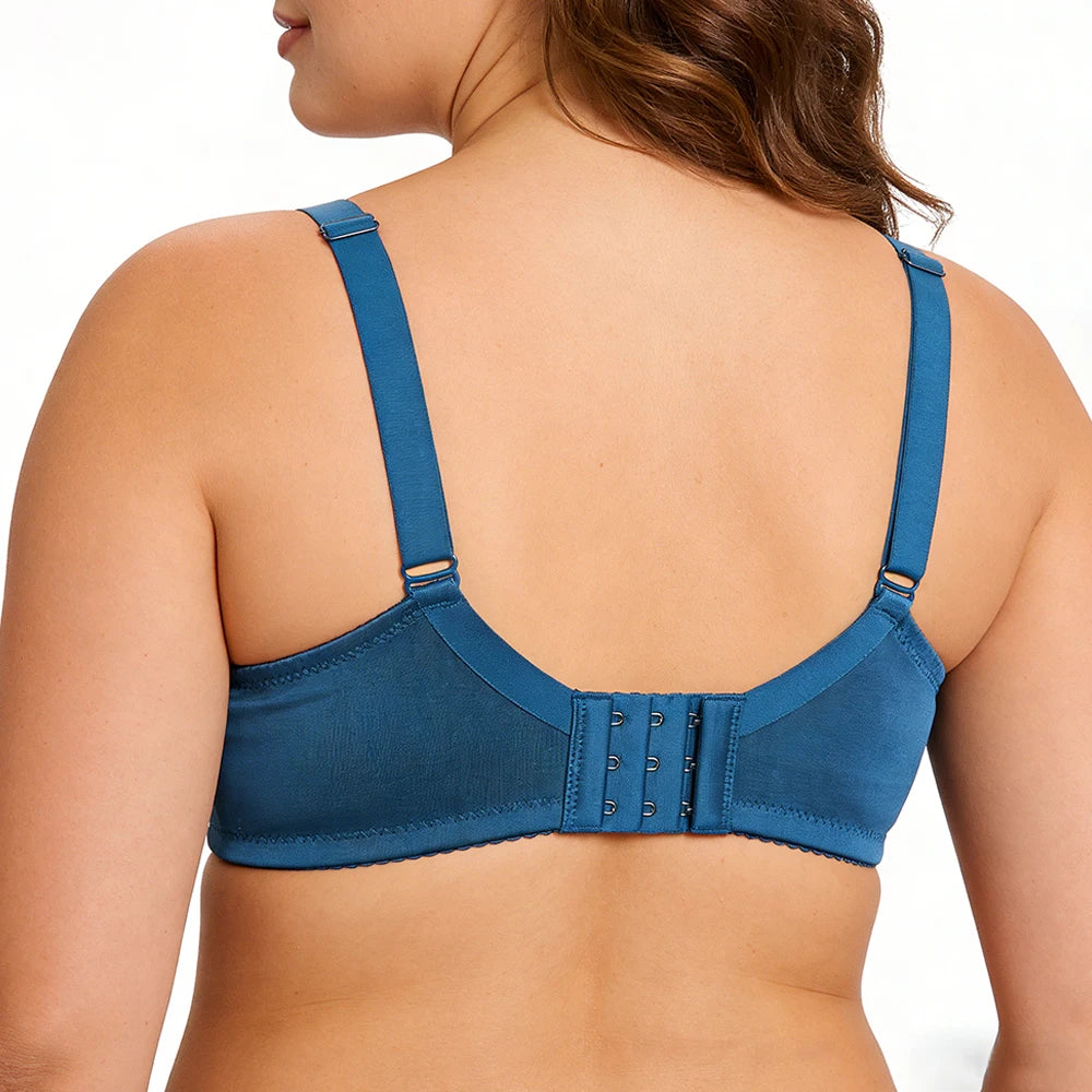 Dark blue plus size underwire bra back with adjustable shoulder straps