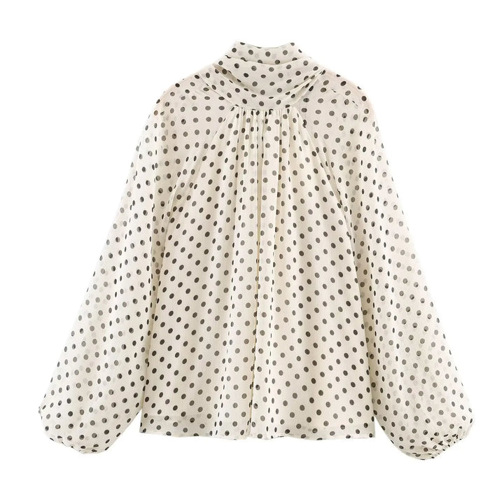 Cream polka-dot high-neck chiffon blouse with gathered front pleats and long puff sleeves