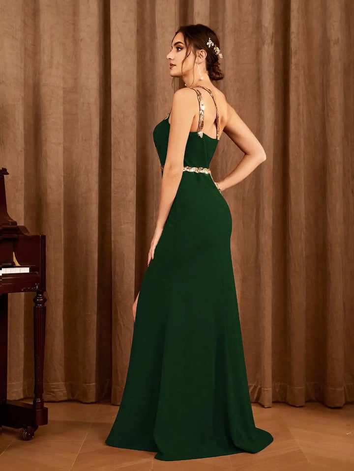 Radiant Sequins Ribbon Side Slit Gown