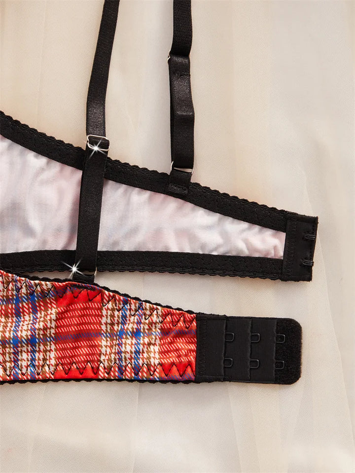 Classic Lace Trim Red Plaid Lingerie