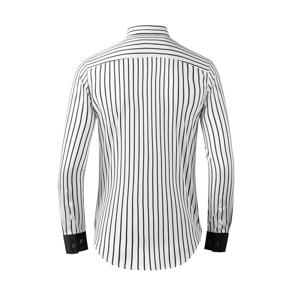Men's slim-fit striped party shirt, back view with black vertical stripes and black cuffs