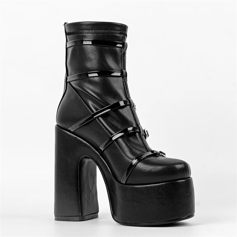 Chunky Round Toe High Heel Boots
