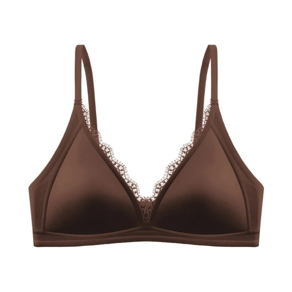 Chocolate brown satin wireless V-neck bra with lace trim and seamless triangle cups