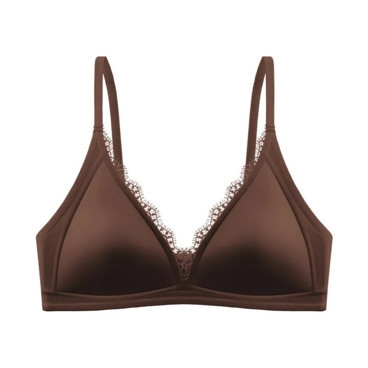 Chocolate brown satin wireless V-neck bra with lace trim and seamless triangle cups