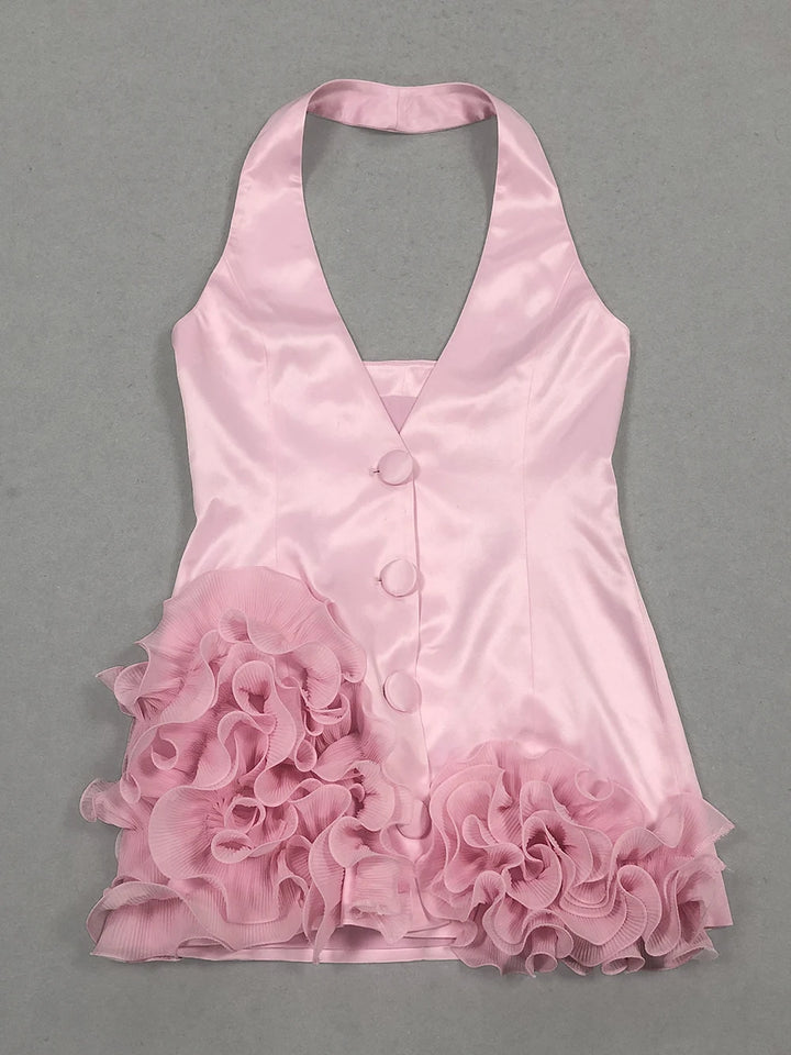 Deep V-Neck Ruched Flowers Mini Dress