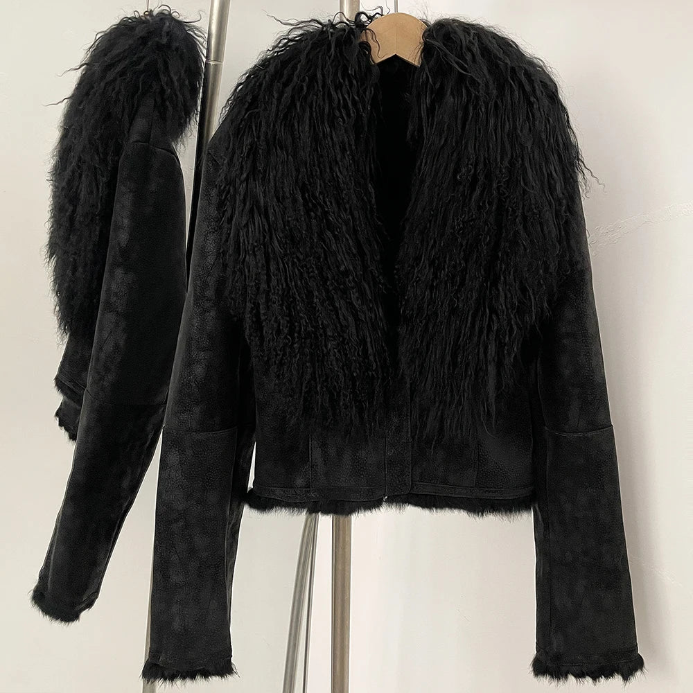 Black suede wool coat with dense black fur collar and fluffy fur cuff trim