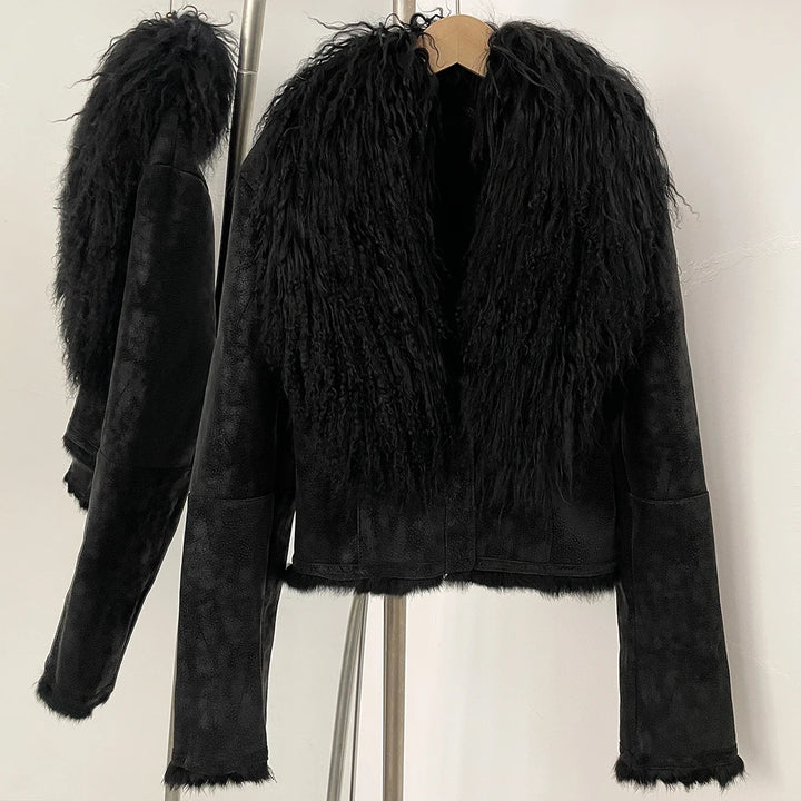 Black suede wool coat with dense black fur collar and fluffy fur cuff trim