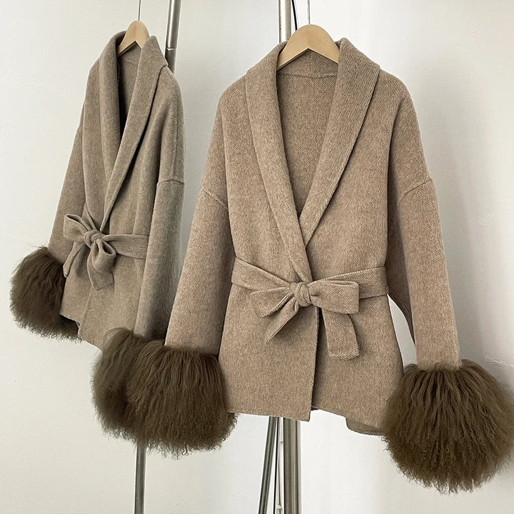Elegant Mongolian Fur Woolen Overcoat