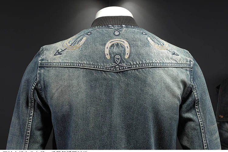 Vintage blue embroidered denim men’s jacket back view with full zipper and ribbed cuffs/hem
