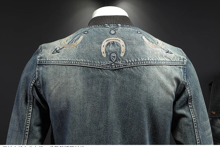 Vintage blue embroidered denim men’s jacket back view with full zipper and ribbed cuffs/hem