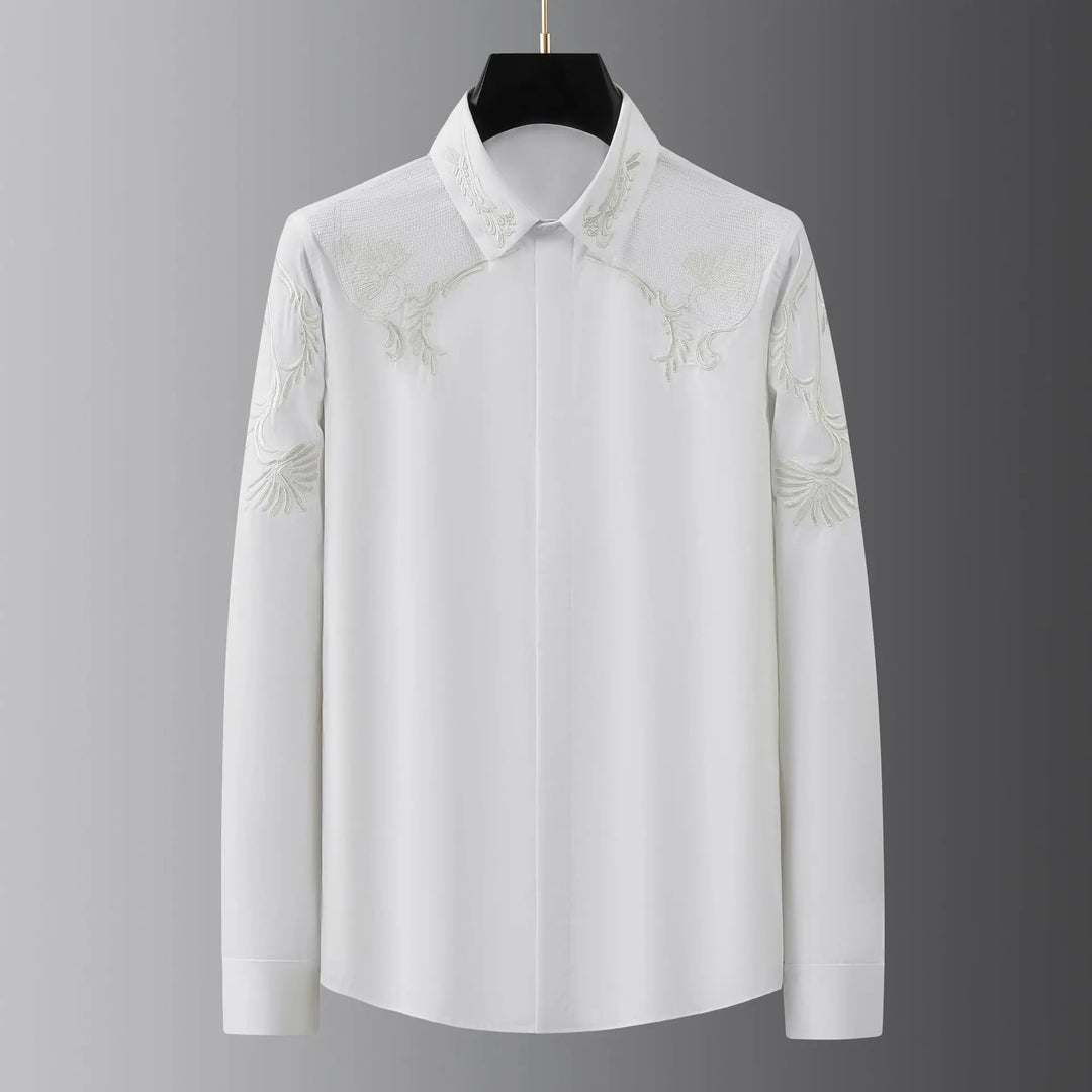 White men’s business dress shirt with embroidered front and long sleeves, button-up collar