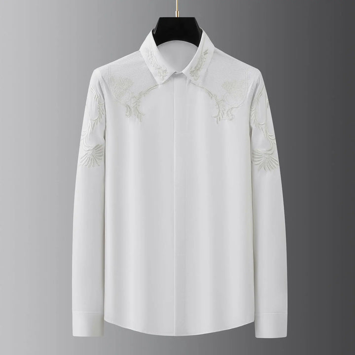 White men’s business dress shirt with embroidered front and long sleeves, button-up collar