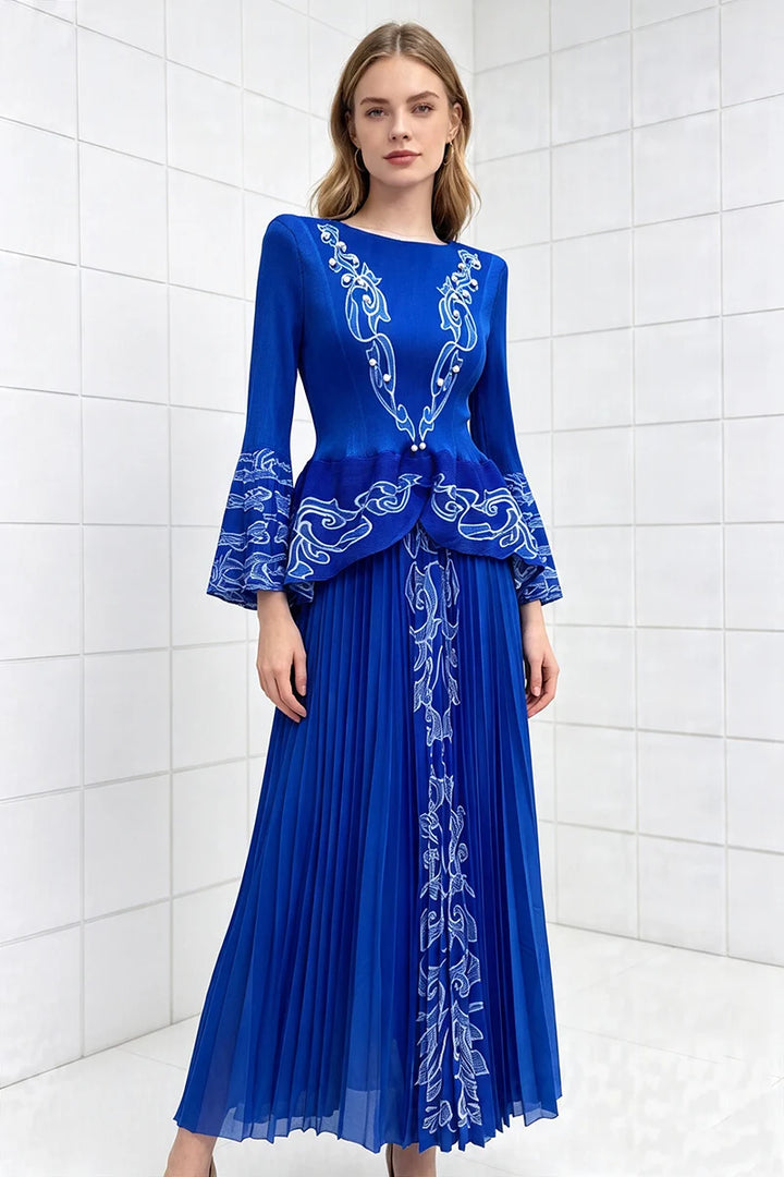 Two-piece set with long-sleeve pleated skirt in royal blue with ornate print