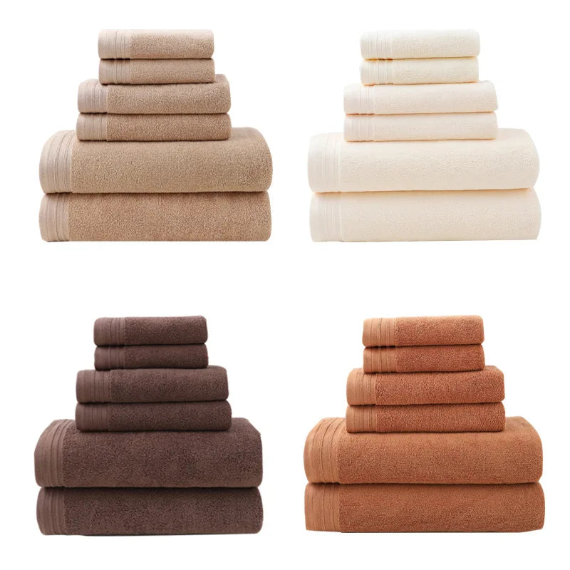 Cotton towel set with stacked face towels in cream, camel, and dark brown (6-piece)