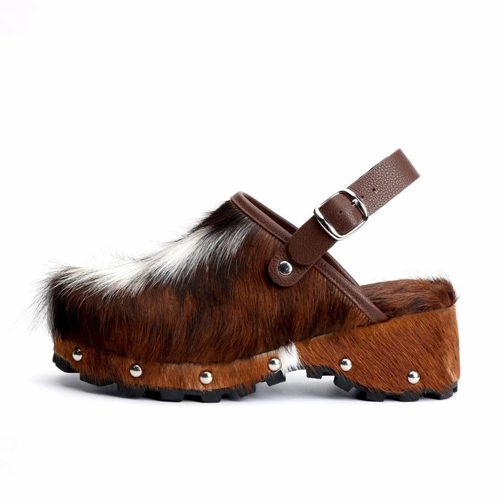 Adjustable Natural Calf Hair Studded Mules