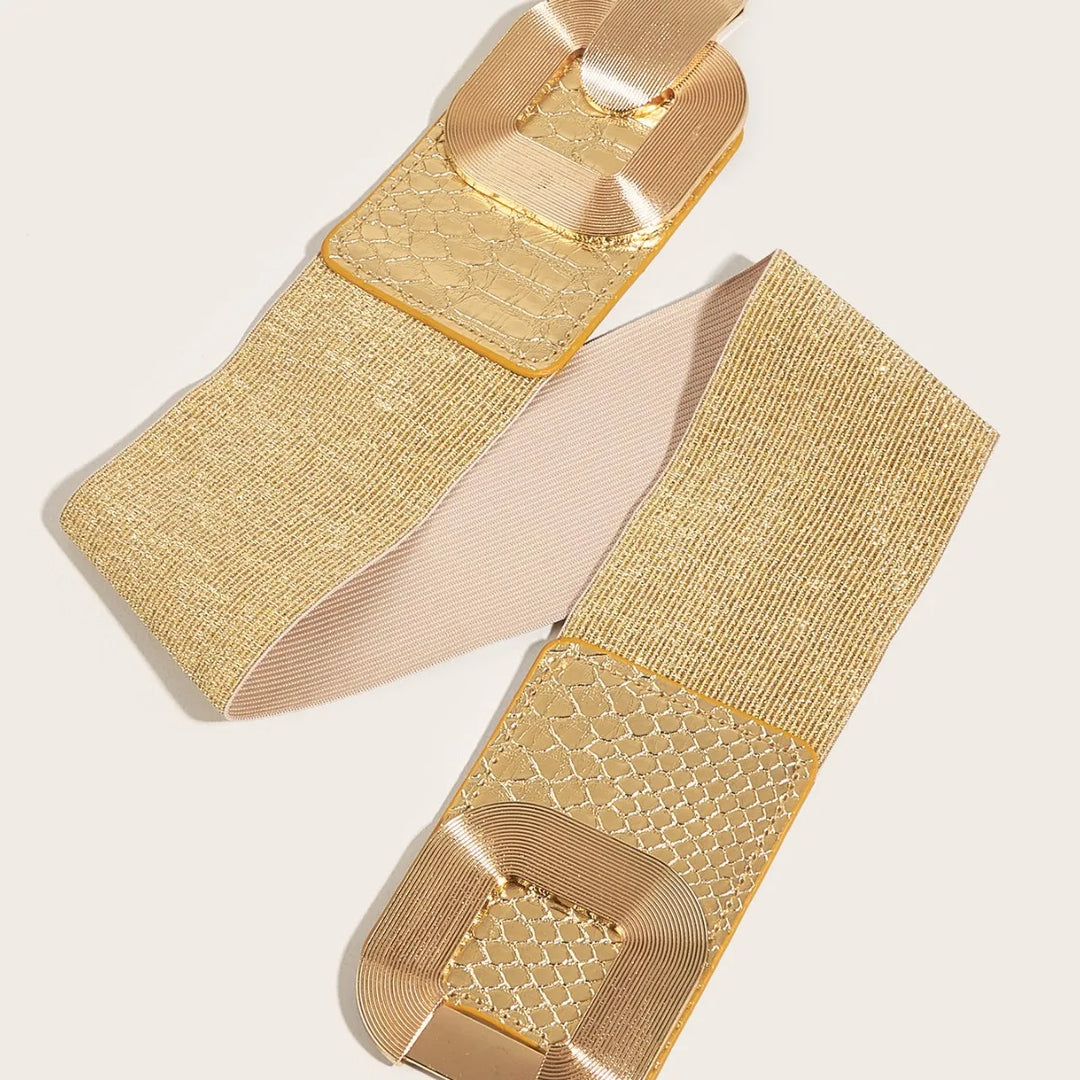 Gold elastic corset belt with textured mesh panels and glossy metal buckle set.