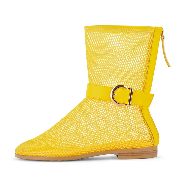Yellow mid-calf mesh boots with hollow pattern and buckle strap, flat sole.