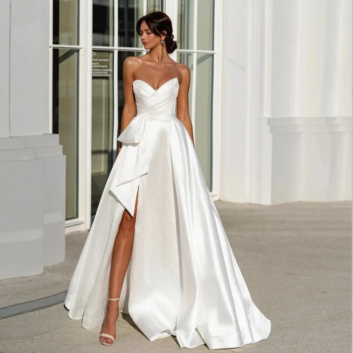 Pleat Side Slit Satin Wedding Gown